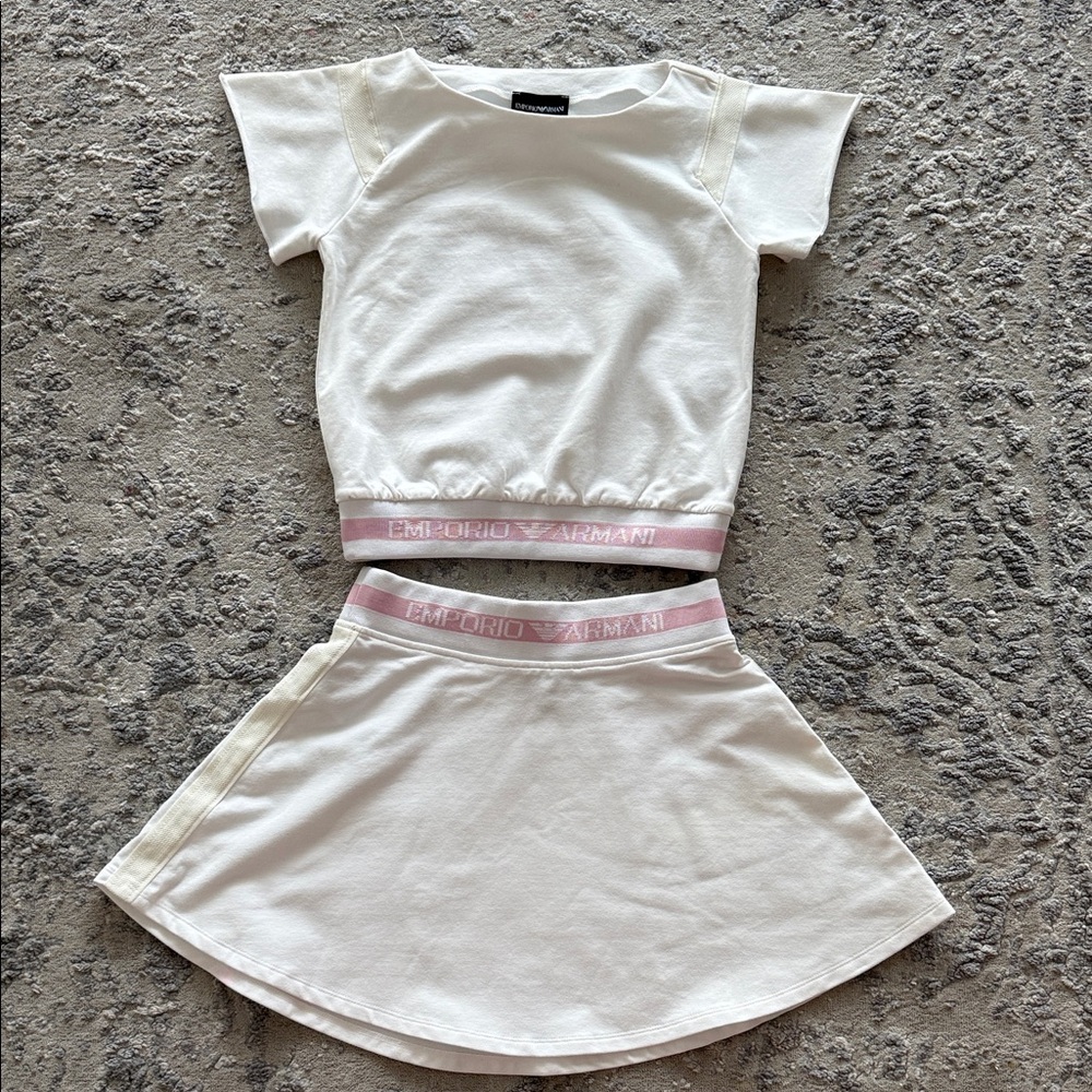 Brand new Emporio Armani Kids White Skirt Set with Pink Accents size 10